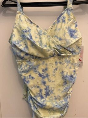 Isaac Mizrahi Blue and Pale Yellow Tie-Dye One-Piece Swimsuit Size 12